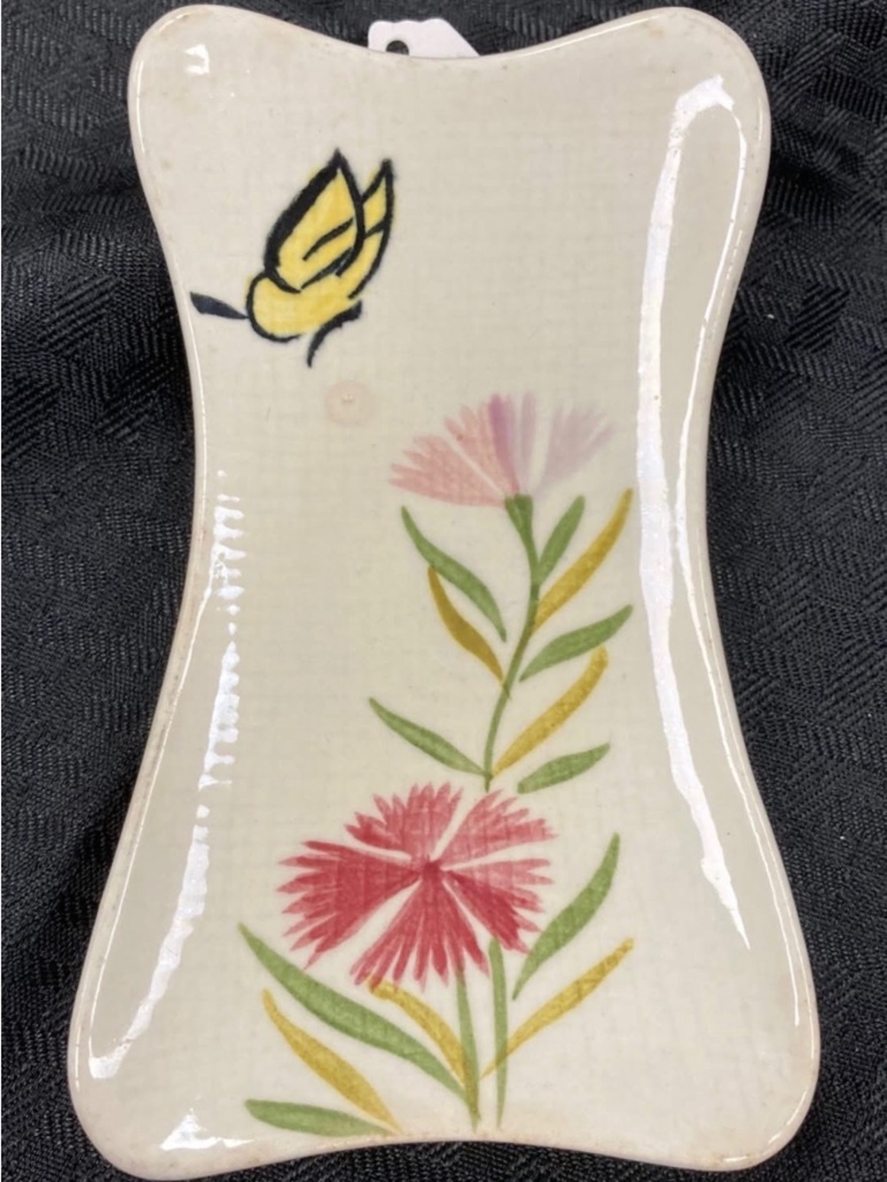 Vintage Red Wing Pottery Collectible Spoon Rest Pink Floral Yellow Butterfly